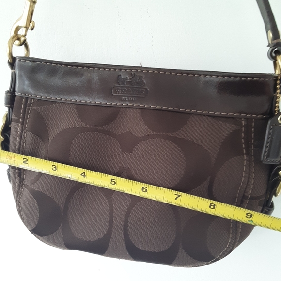 Coach Brown Signature Stripe Canvas Small Shoulder Bag Purse Leather Trim - Picture 6 of 12